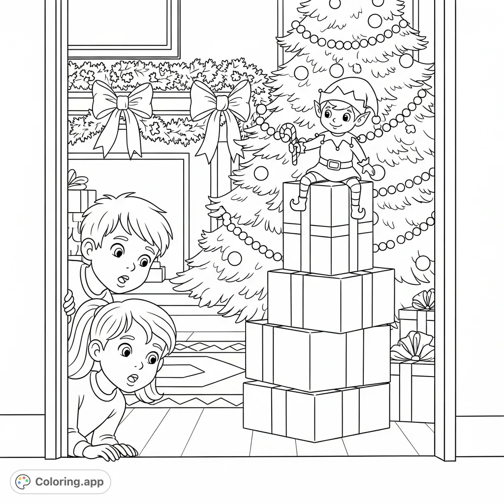 Children discover a mischievous elf on a stack of gifts next to a Christmas tree. A delightful holiday scene ready for your creative touch!