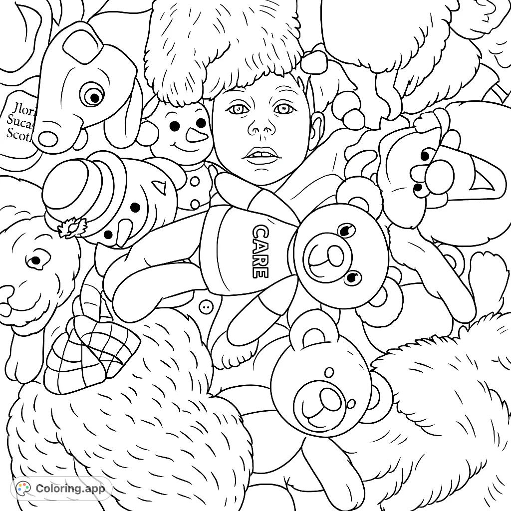 Discover a heartwarming scene where a child's face peeks from a snuggly pile of diverse stuffed animals, offering a delightful and comforting coloring experience.
