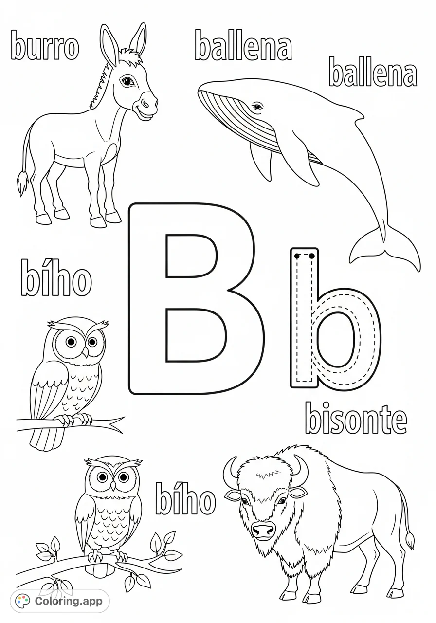 Trace and color the letter 'Bb' alongside charming Spanish animals like a burro, ballena, búho, and bisonte. Perfect for early learning!