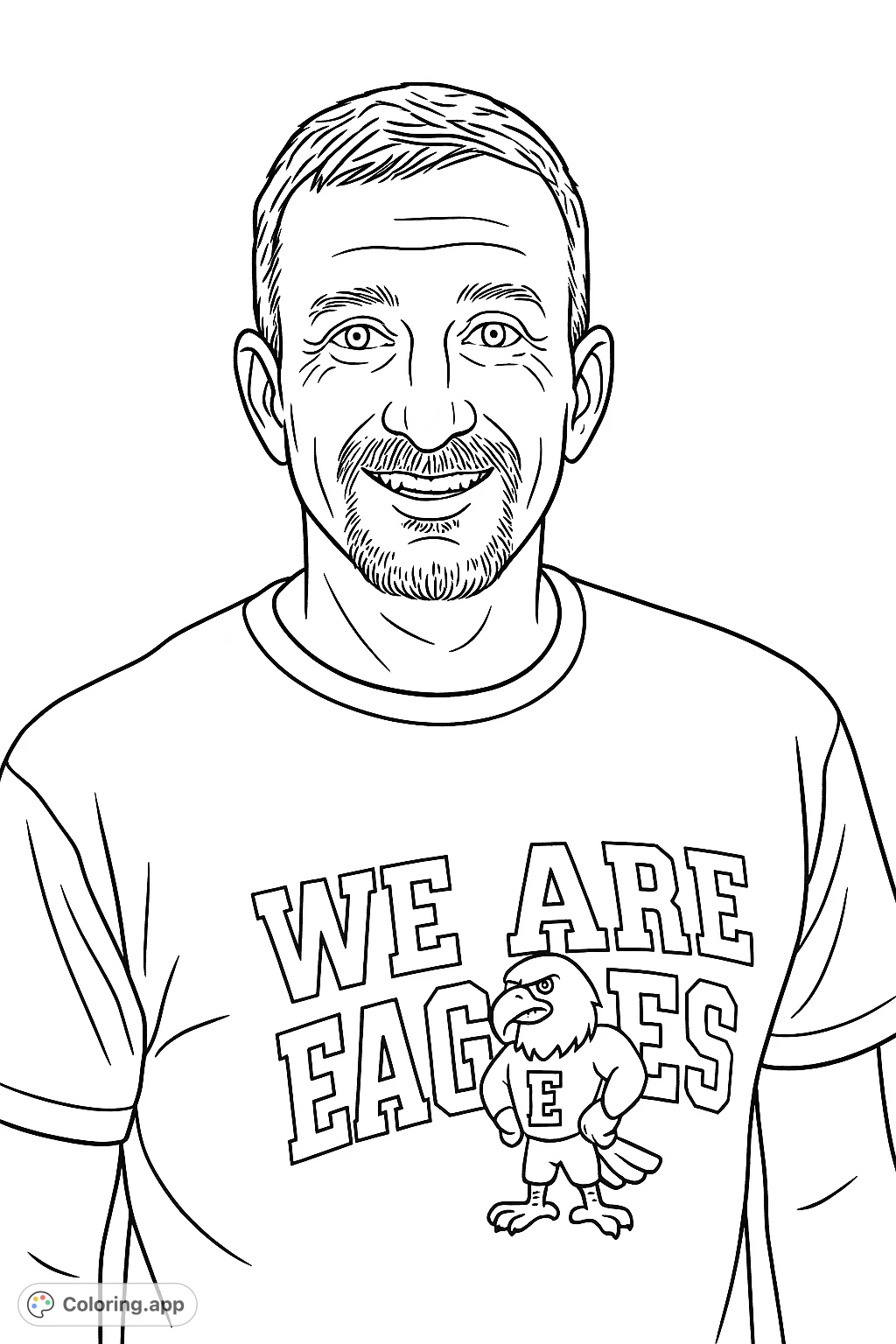A cheerful man in a school spirit t-shirt, featuring a bold eagle mascot and text. Perfect for personalizing a friendly face with your favorite colors.