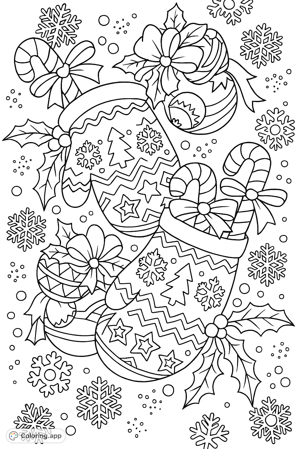 Discover a delightful holiday coloring page featuring intricately patterned stockings, festive ornaments, candy canes, and holly, perfect for seasonal cheer.