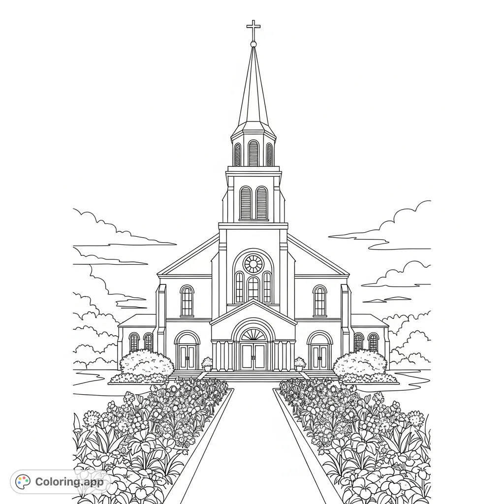 A beautiful church features a cross on its steeple, surrounded by a vibrant garden bursting with blooming flowers. Perfect for serene coloring.