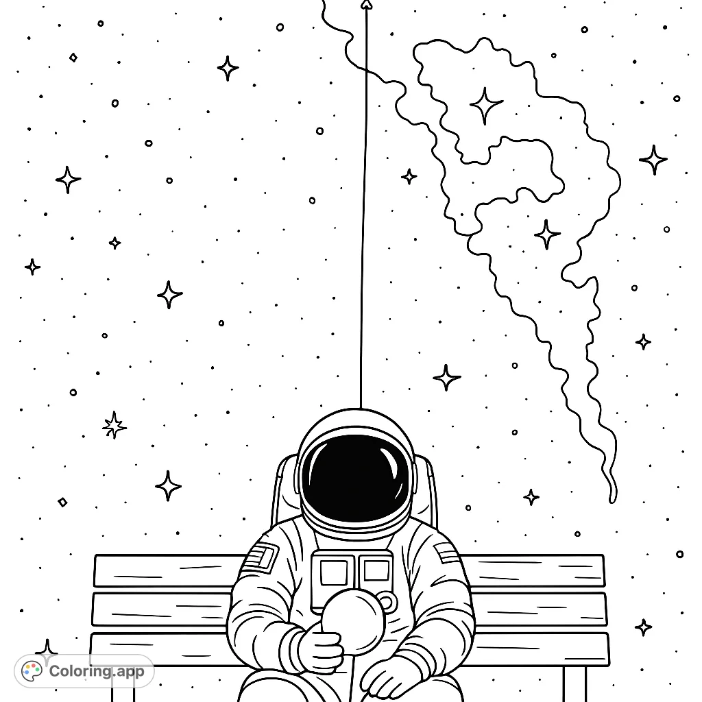 Immerse yourself in the vastness of space with this astronaut coloring page. A seated figure holding a sphere against a backdrop of distant stars.