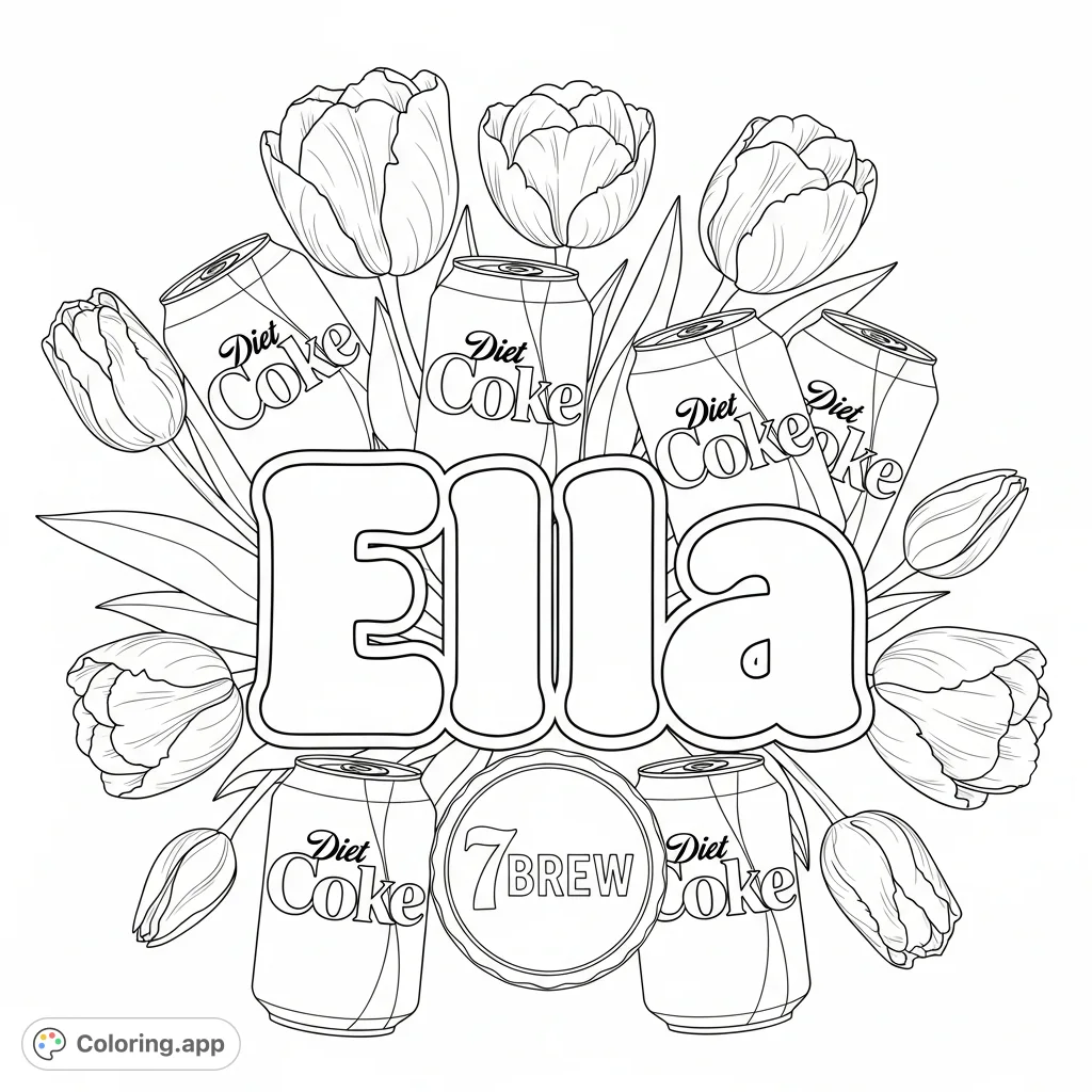A charming and personalized coloring page featuring the name "Ella" in bubble letters, surrounded by elegant tulips, Diet Coke cans, and the 7Brew logo.