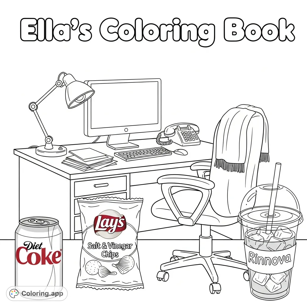 A detailed office desk coloring page featuring 'Ella's Coloring Book' title, computer, phone, snacks like Diet Coke and Lays chips, and iced coffee.