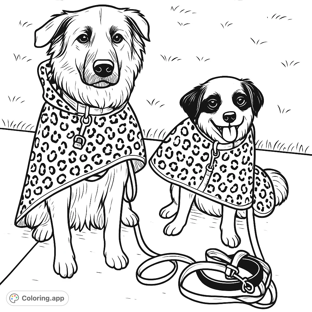 Two adorable dogs, one larger and one smaller, wear matching ponchos with a heart-spot pattern, sitting patiently with their leashes on a paved path.