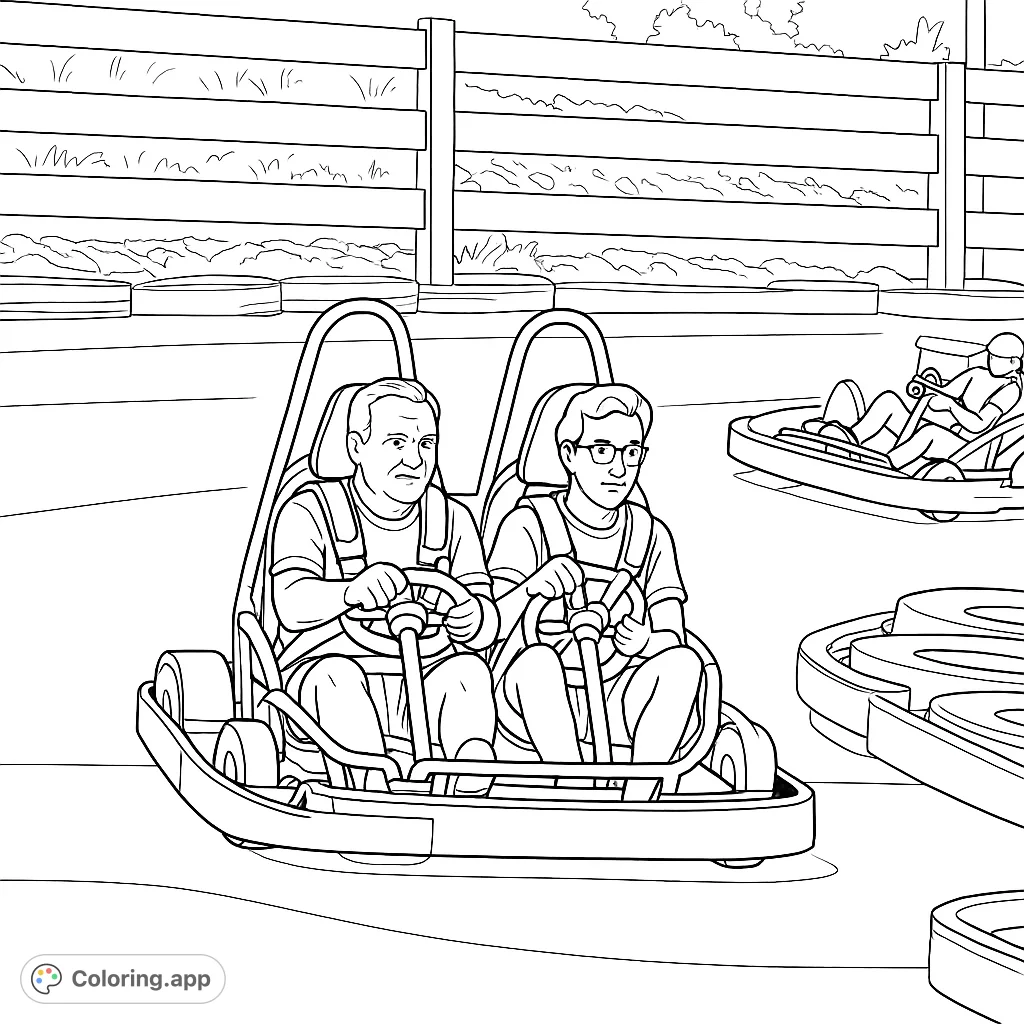 Experience the thrill of the race! A dual-seater go-kart with two smiling drivers on a track, ready for action.