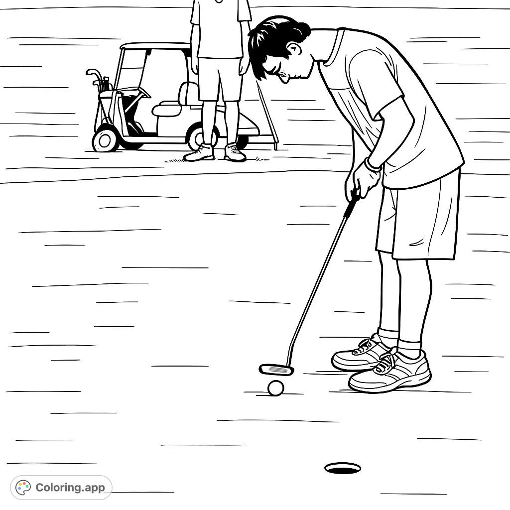 A focused golfer in action, bent over a putter, ready to sink the ball on the green. Captures the precision and concentration of the game.