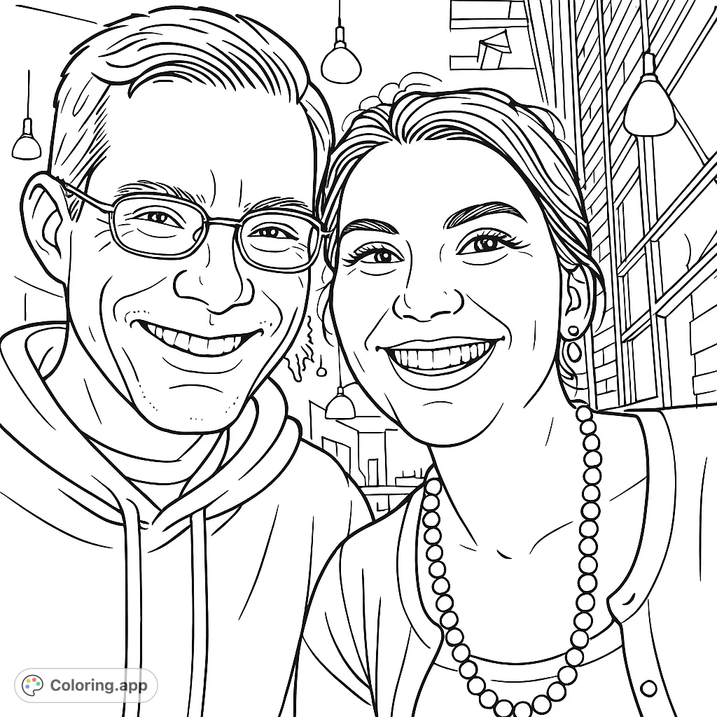Capture a heartwarming moment with this happy couple coloring page. Features a smiling man in glasses and a woman with a pearl necklace against a soft background.
