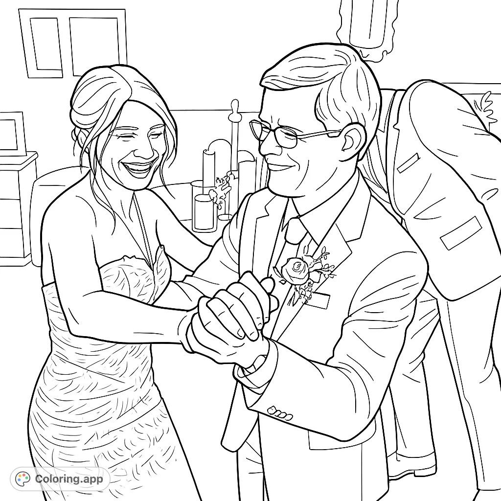 Capture the magic of a joyful first dance! This wedding coloring page features a happy couple gracefully dancing, surrounded by celebratory details.