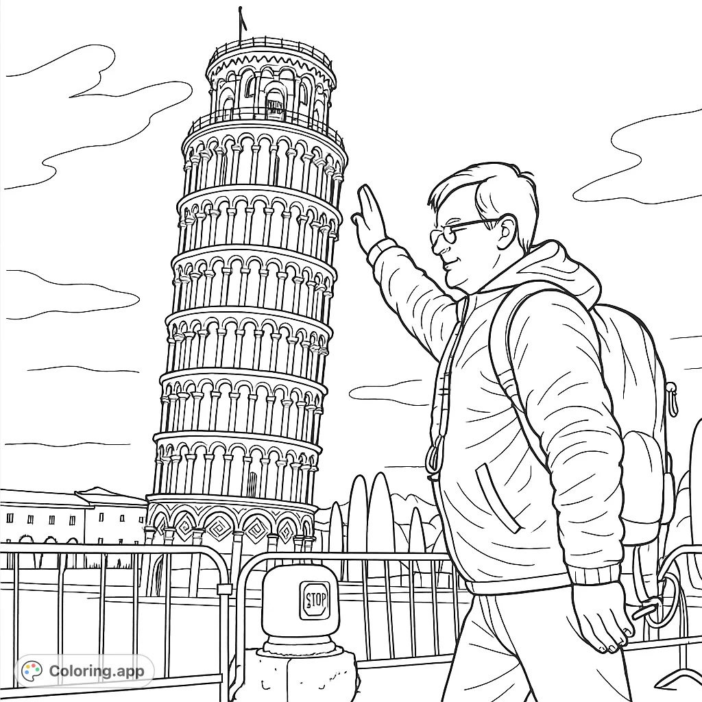 Capture the iconic Leaning Tower of Pisa and a playful traveler in this detailed architectural coloring page. Perfect for geography enthusiasts and explorers.