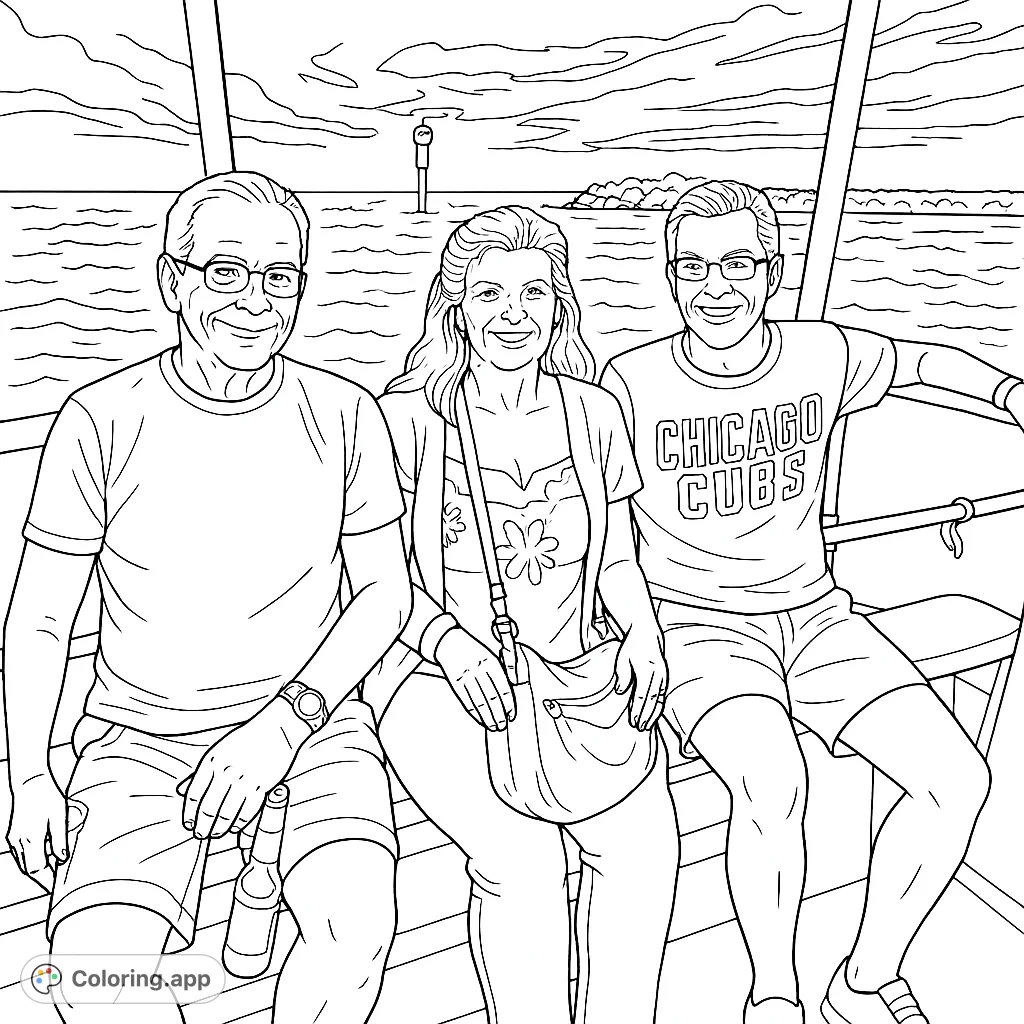Capture a serene boat trip scene with three smiling companions. Perfect for customizing family memories or relaxing coloring sessions.