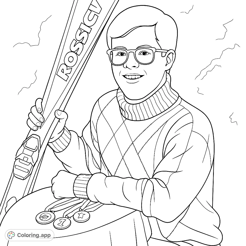 Capture the spirit of winter sports with this ski champion portrait! A young man proudly displays his ski and medals, ready for your creative touch.