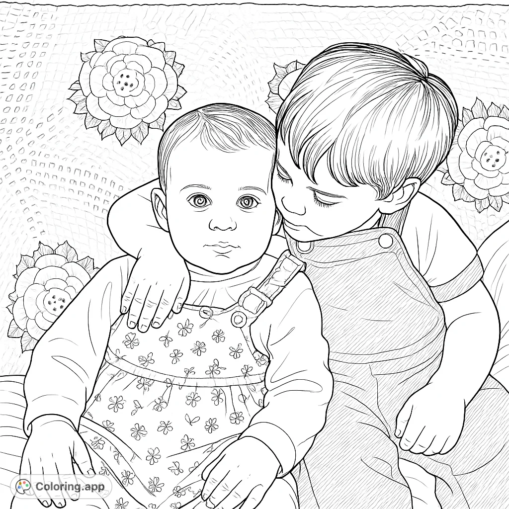 A heartwarming coloring page featuring two young siblings in a tender embrace against a patterned background. Perfect for family-themed art.