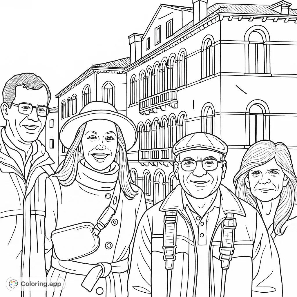 Capture the charm of Venice with this detailed coloring page featuring a group of smiling travelers against a backdrop of historic canal-side buildings. Perfect for travel enthusiasts.