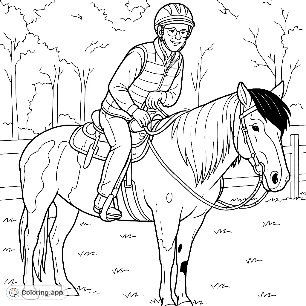 Color a peaceful scene featuring a young rider on a patterned horse in a grassy field. Perfect for horse enthusiasts to bring their equestrian dreams to life.