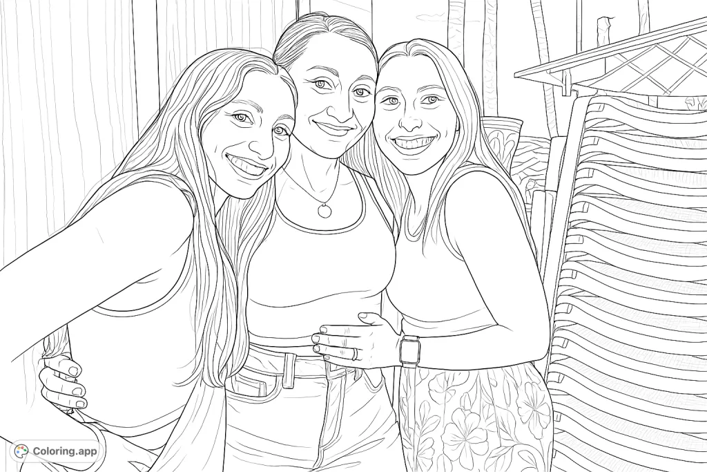 Three happy friends captured in a joyful embrace, perfect for coloring a moment of connection and smiles in an outdoor setting.