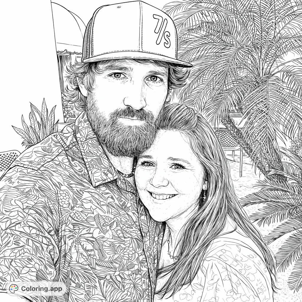 A heartwarming couple's embrace under ambient lights, surrounded by tropical plants and architectural details. A realistic and detailed portrait for coloring.