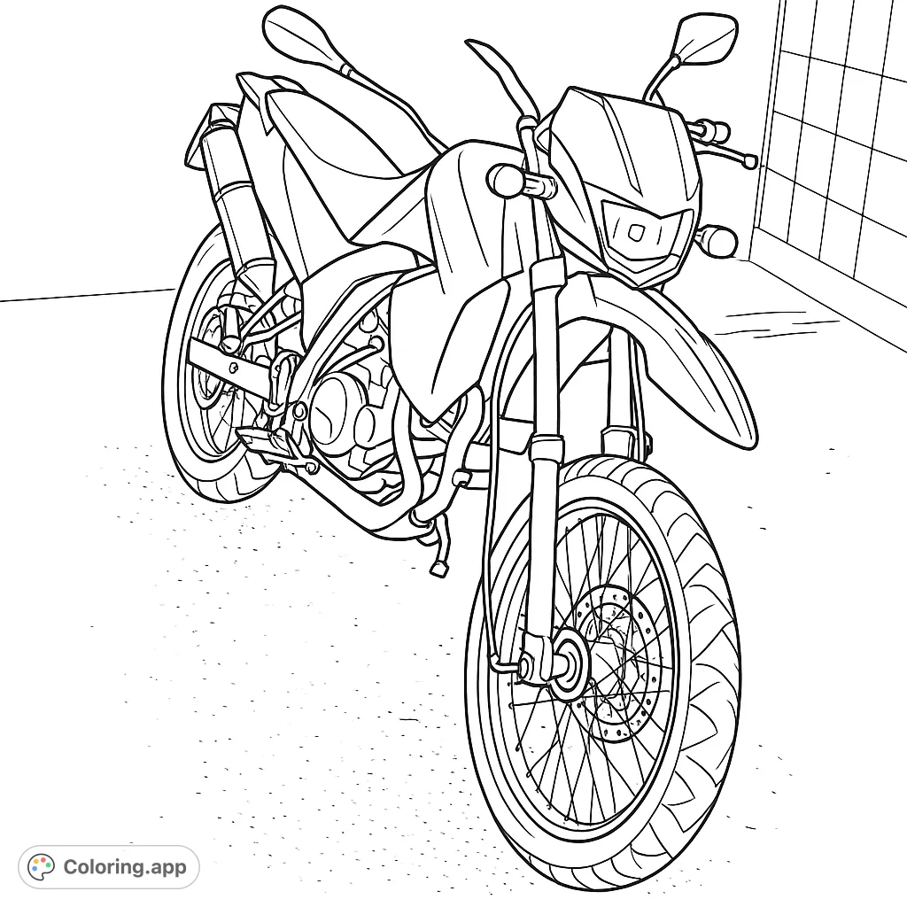 Color a detailed sport motorcycle, featuring a complex engine, spoked wheels, and sleek bodywork on a wet paved surface. Perfect for vehicle enthusiasts.