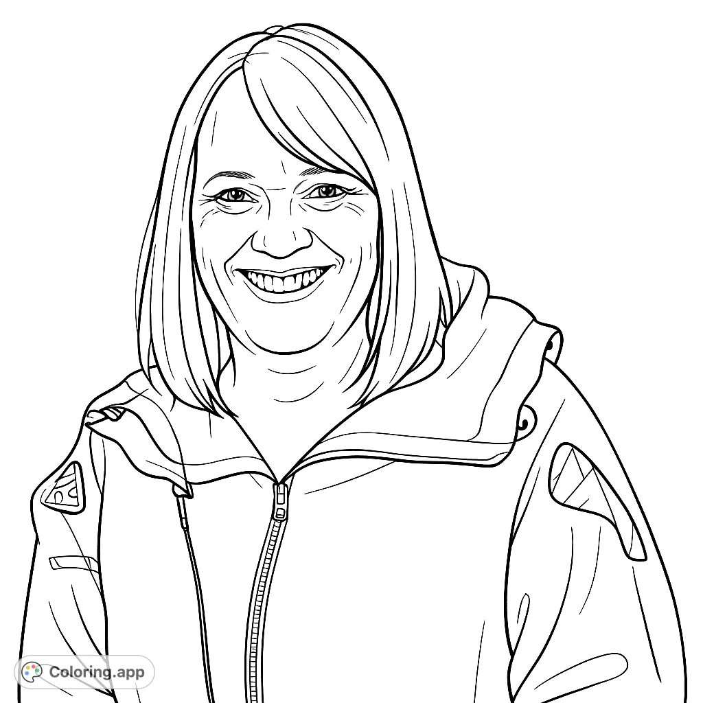 A heartwarming coloring page featuring a woman with a wide, joyful smile and expressive eyes, wearing a detailed jacket. Perfect for personalizing.