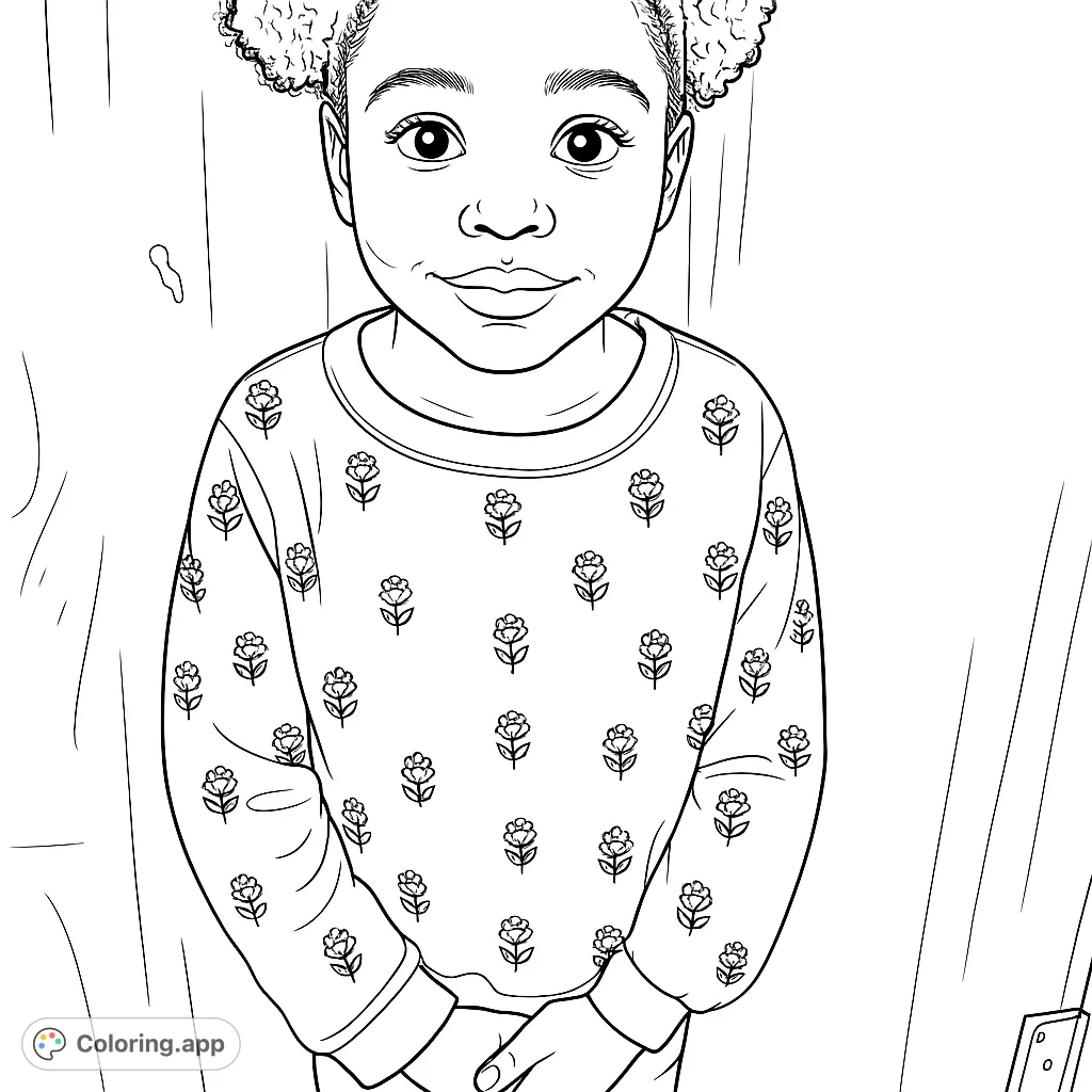 A charming coloring page featuring a young child with a gentle expression, wearing a patterned floral sweater against a textured wooden background.