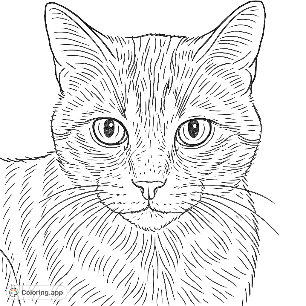 Capture the charming essence of a majestic cat's face with expressive eyes and intricate fur patterns in this detailed hand-drawn sketch. Free printable cat coloring page.