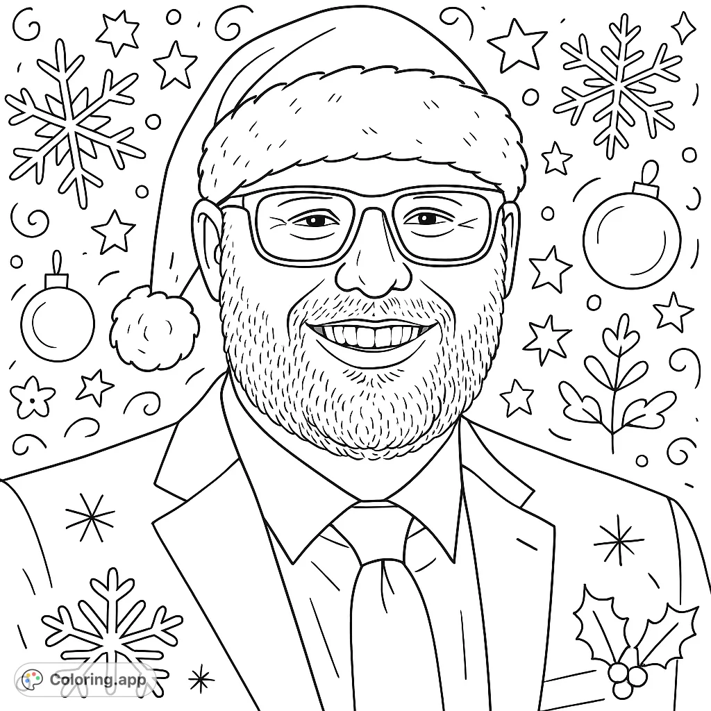 A festive jolly man coloring page with a cheerful smile, wearing a Santa hat and glasses, set against a delightful Christmas pattern background. Free printable coloring page for holidays.
