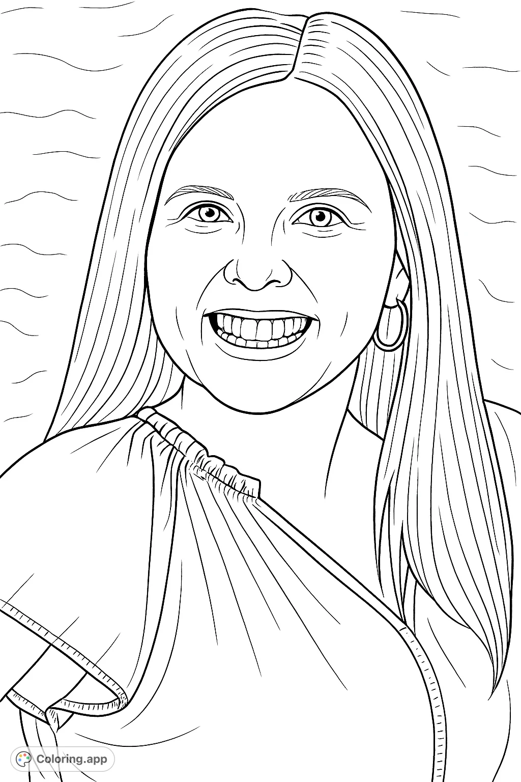 Capture the radiant spirit of a smiling woman with flowing hair and a stylish ruffled top. This detailed portrait offers a wonderful canvas for creative expression.