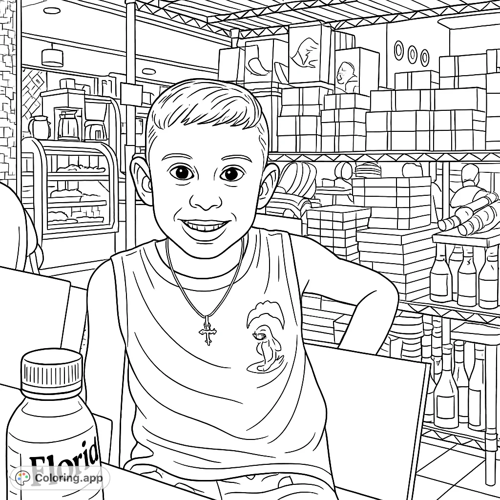 A charming coloring page featuring a young boy with a dinosaur shirt in a bustling cafe setting. Perfect for kids who love fun scenes and detailed backgrounds.