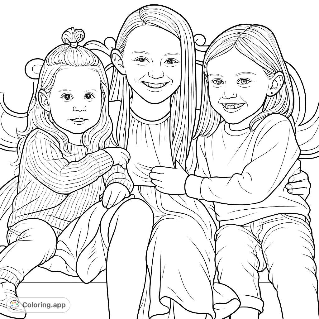 A heartwarming coloring page featuring three cheerful girls sharing a moment on a decorative bench. Perfect for celebrating friendship, family, and joy.