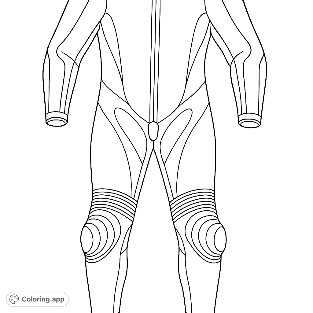 Detailed performance racing suit coloring page with a central zipper, sculpted panels, ribbed knees, and protective pucks. Design your ultimate gear!