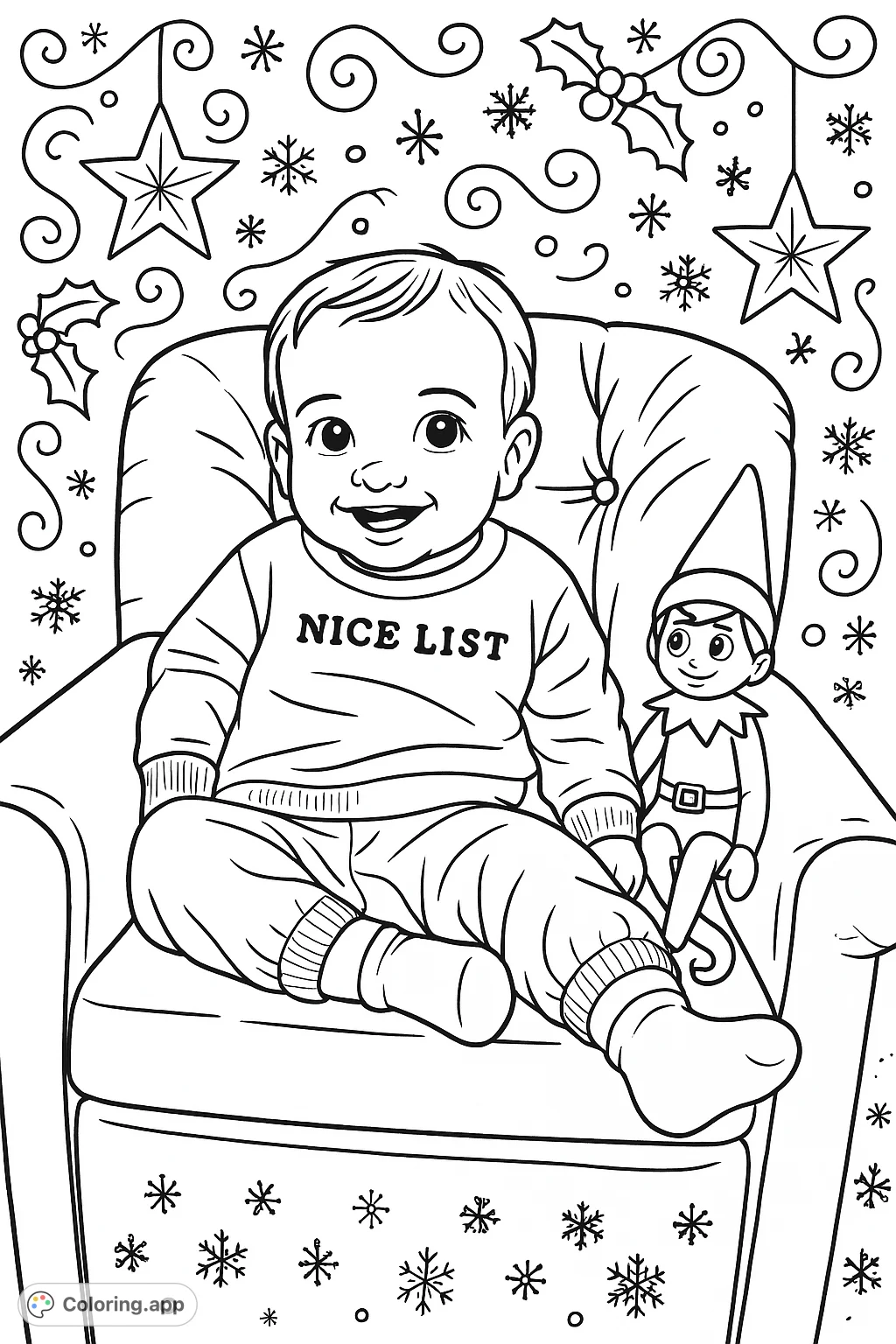 A delightful cartoony coloring page featuring a smiling child on the 'Nice List' with two playful Elf on the Shelf dolls, set against a festive Christmas background. Perfect for holiday fun!
