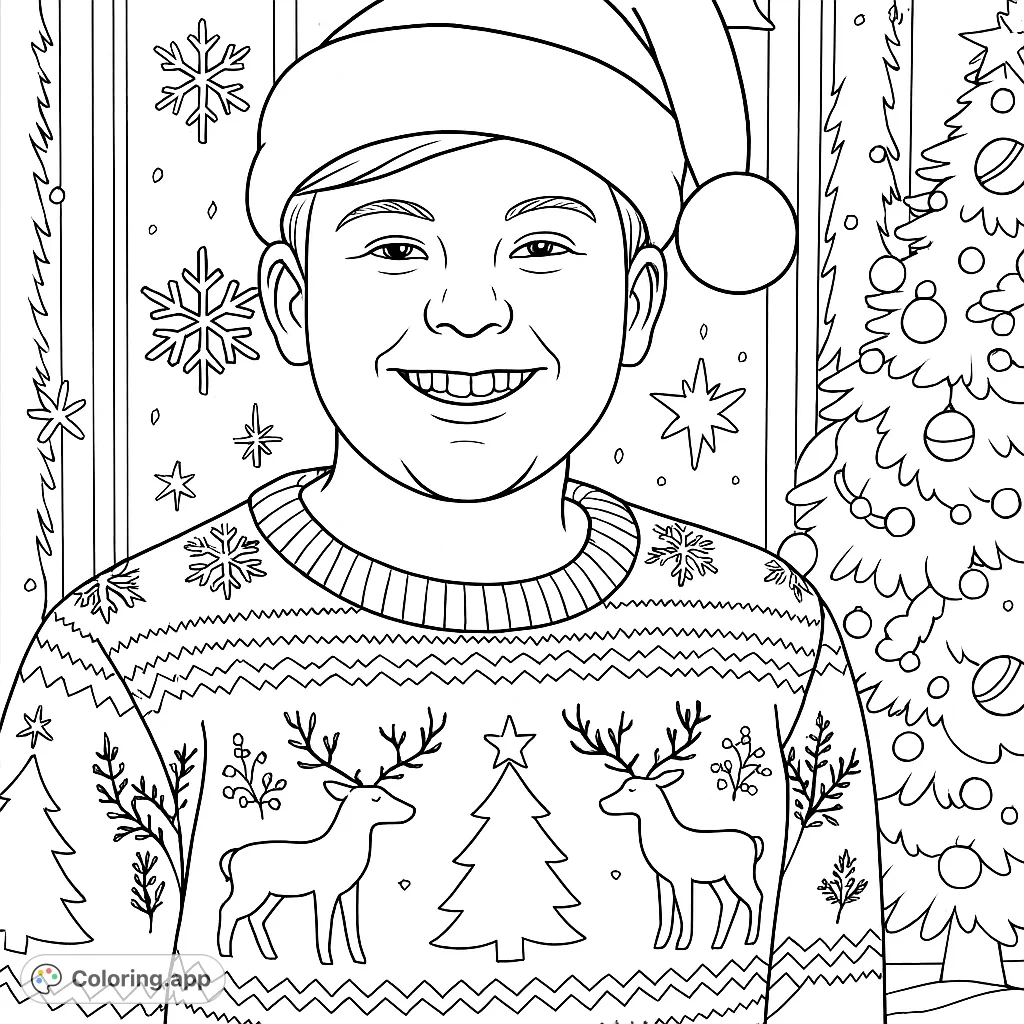A cheerful boy in a festive, patterned sweater and Santa hat, set against a background of snowflakes and a decorated holiday tree. Perfect for festive fun!