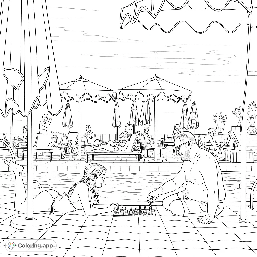 Enjoy a highly detailed poolside chess scene with a woman and man engaged in a strategic game, surrounded by resort amenities. Perfect for adult colorists.