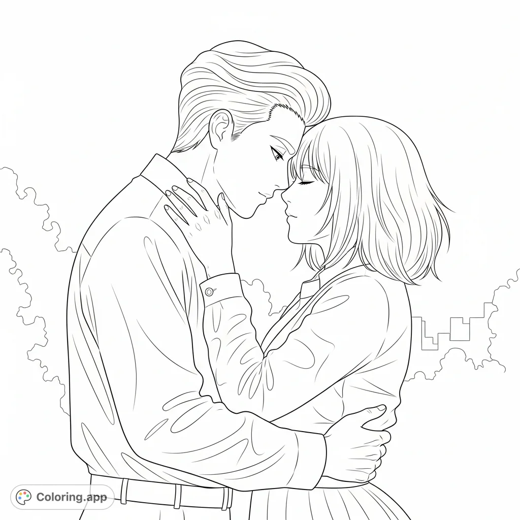A heartfelt anime coloring page depicting two individuals in a tender embrace. Capture their expressions, flowing hair, and clothing details in this romantic scene.