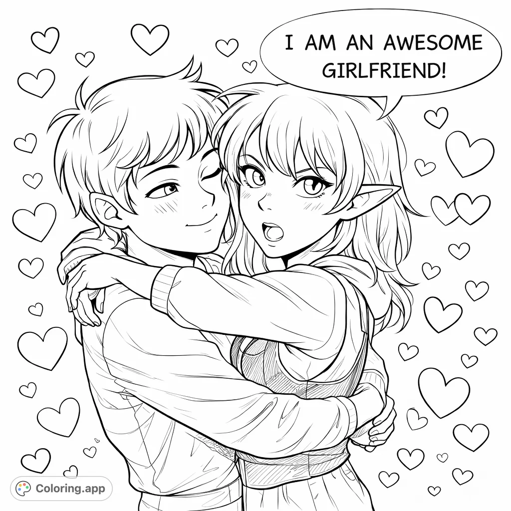 An adorable couple embraces in a heartwarming scene, featuring a surprised expression and a loving hug. Perfect for fans of animated couples and sweet romantic themes.