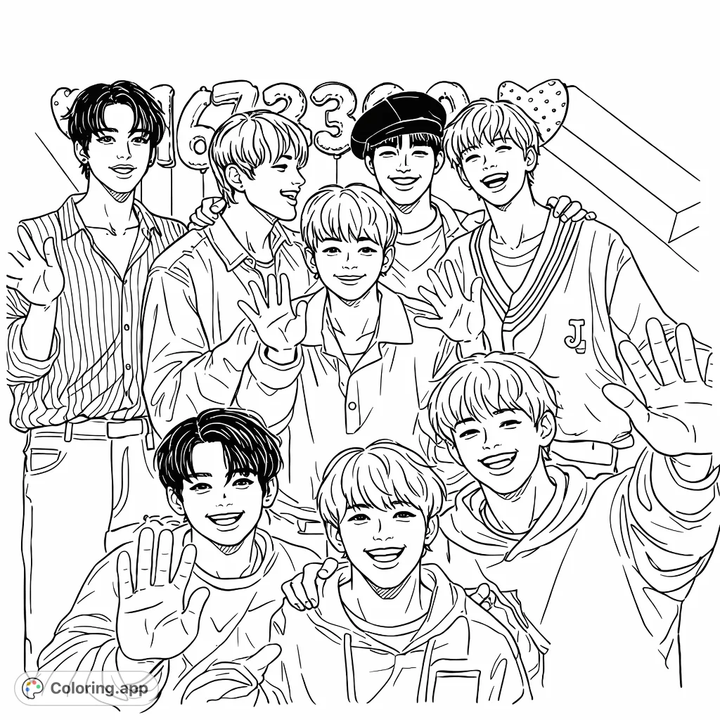 A cheerful K-Pop group poses together, smiling and waving, surrounded by celebratory balloons. Perfect for fans to bring their favorite stars to life with color.