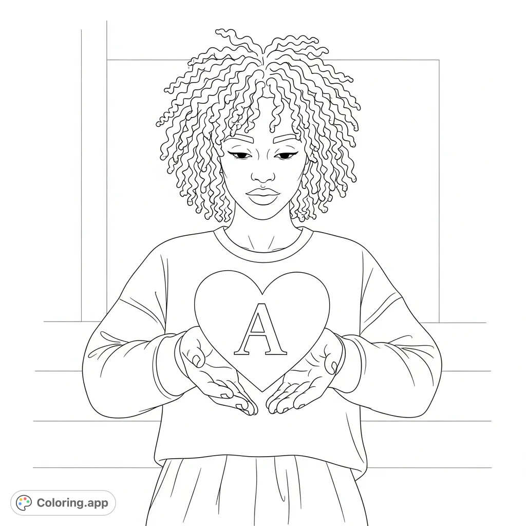 A charming free printable coloring page featuring a person with beautiful curly hair tenderly holding a heart, showcasing the letter 'A' for a personal touch.
