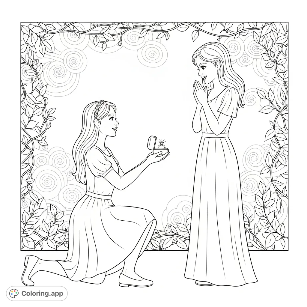 Capture a heartfelt proposal scene featuring two girls, a ring box, and elegant attire against a romantic, swirling background. A beautiful symbol of love.