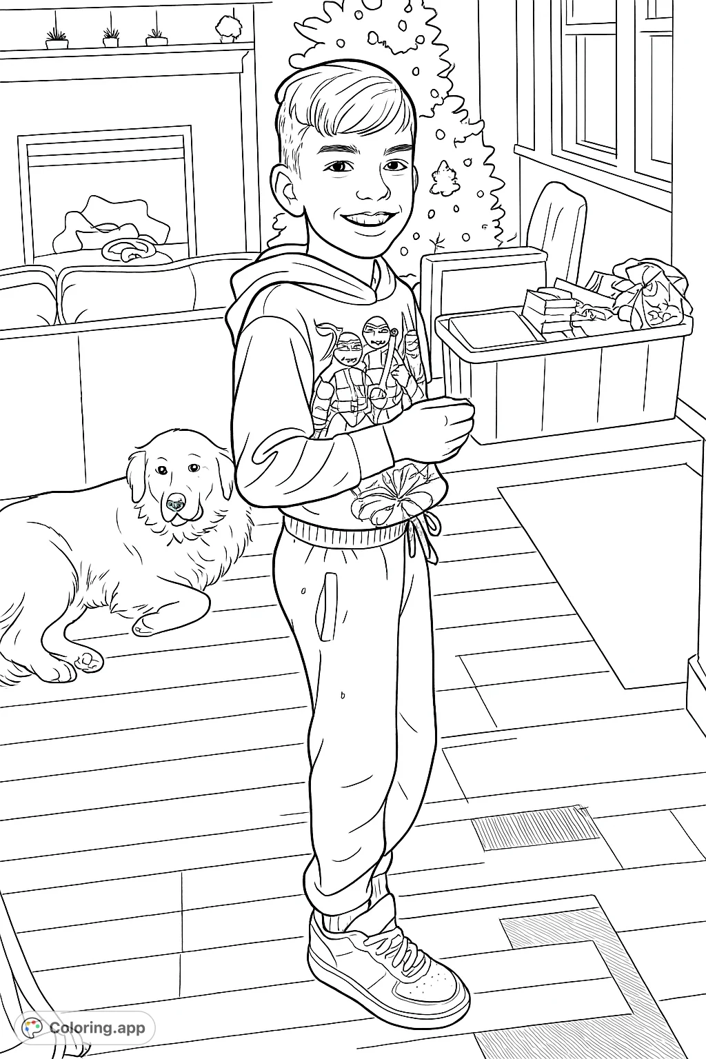 A cheerful boy stands beside his loyal dog, amidst a festive home setting with a decorated tree and cozy fireplace. Perfect for celebrating family and pets.