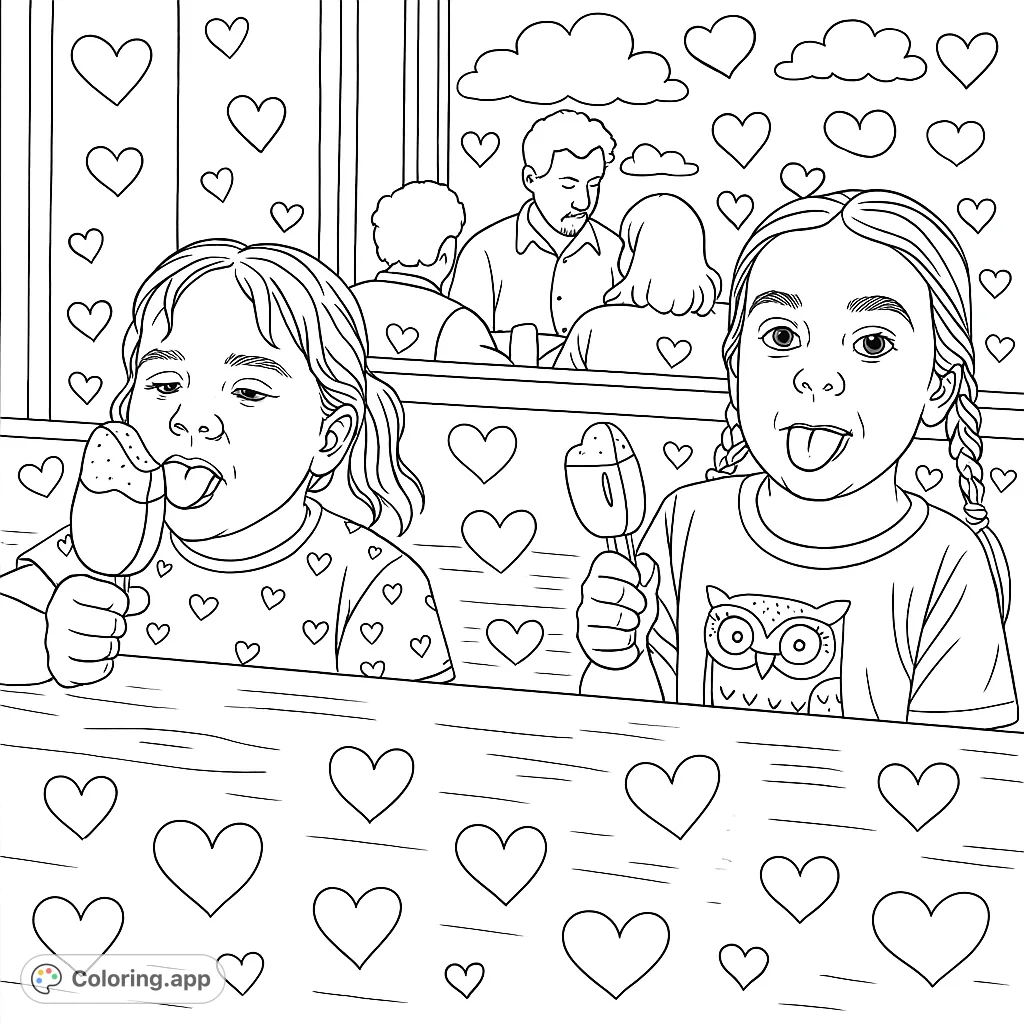 Two children joyfully share a moment with ice cream, sticking out their tongues. Features playful details, heart patterns, and clouds for a delightful coloring experience.