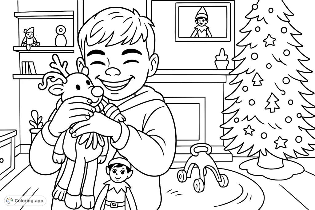 Experience festive fun with this Christmas coloring page! A cheerful boy hugs his reindeer doll amidst a decorated holiday scene with an Elf on the Shelf and twinkling tree.