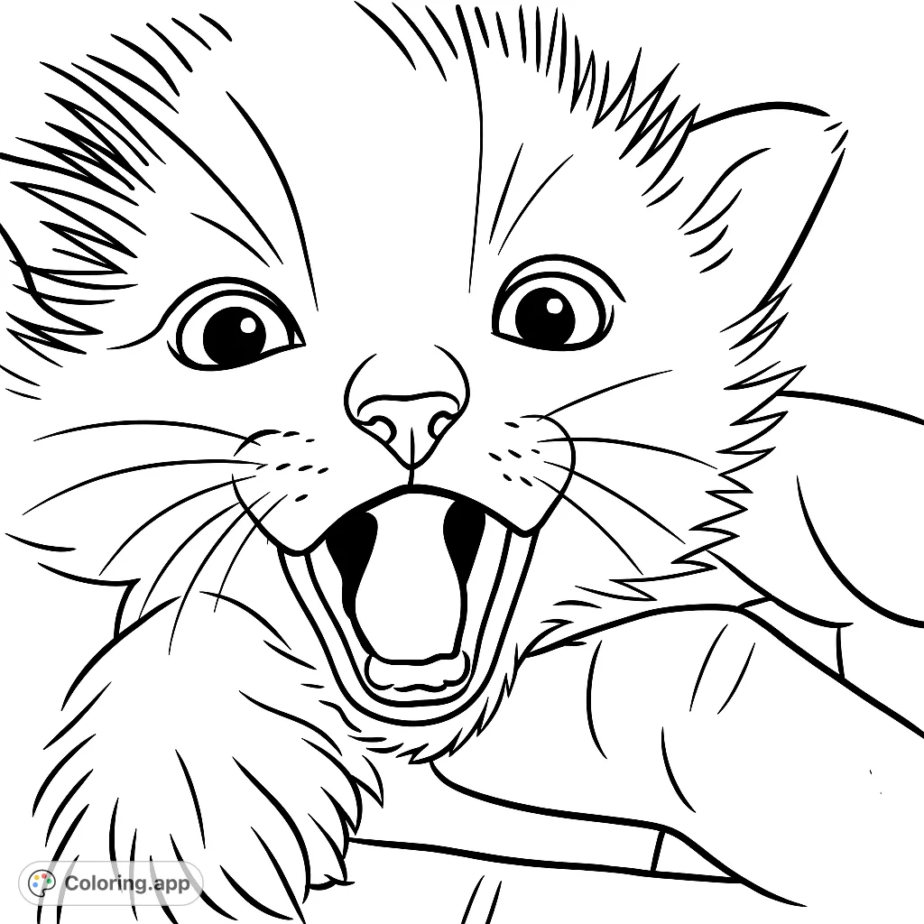 An adorable kitten with a wide-open mouth and large eyes, gently held. A charming free printable kitten coloring page for all ages.