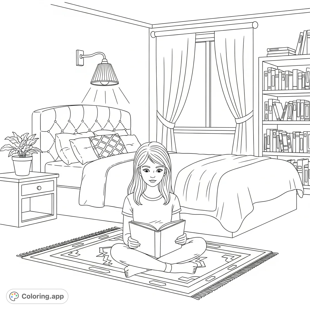 Discover a tranquil reading nook featuring a girl engrossed in a book, a cozy bed, and charming room details. Perfect for quiet contemplation.