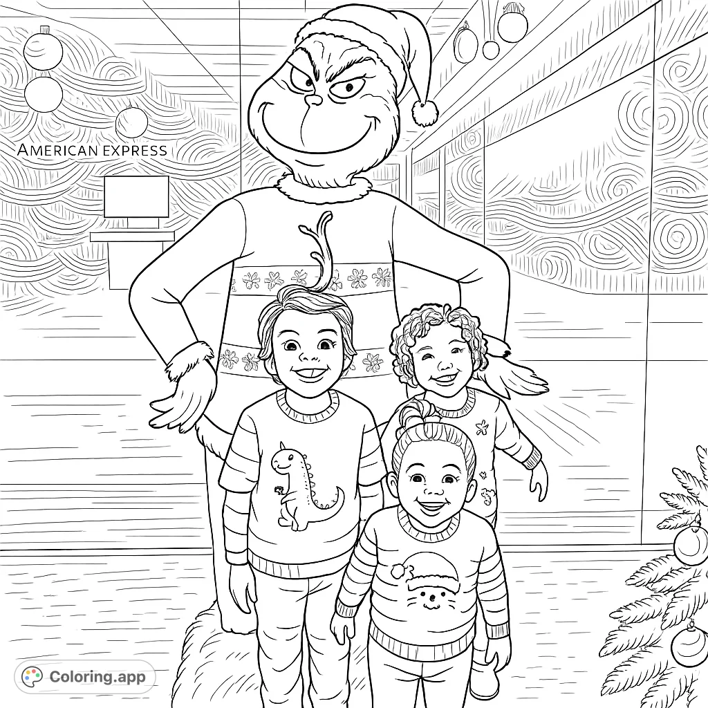 A fun holiday scene featuring a beloved character and three happy children in festive sweaters, perfect for seasonal coloring joy.