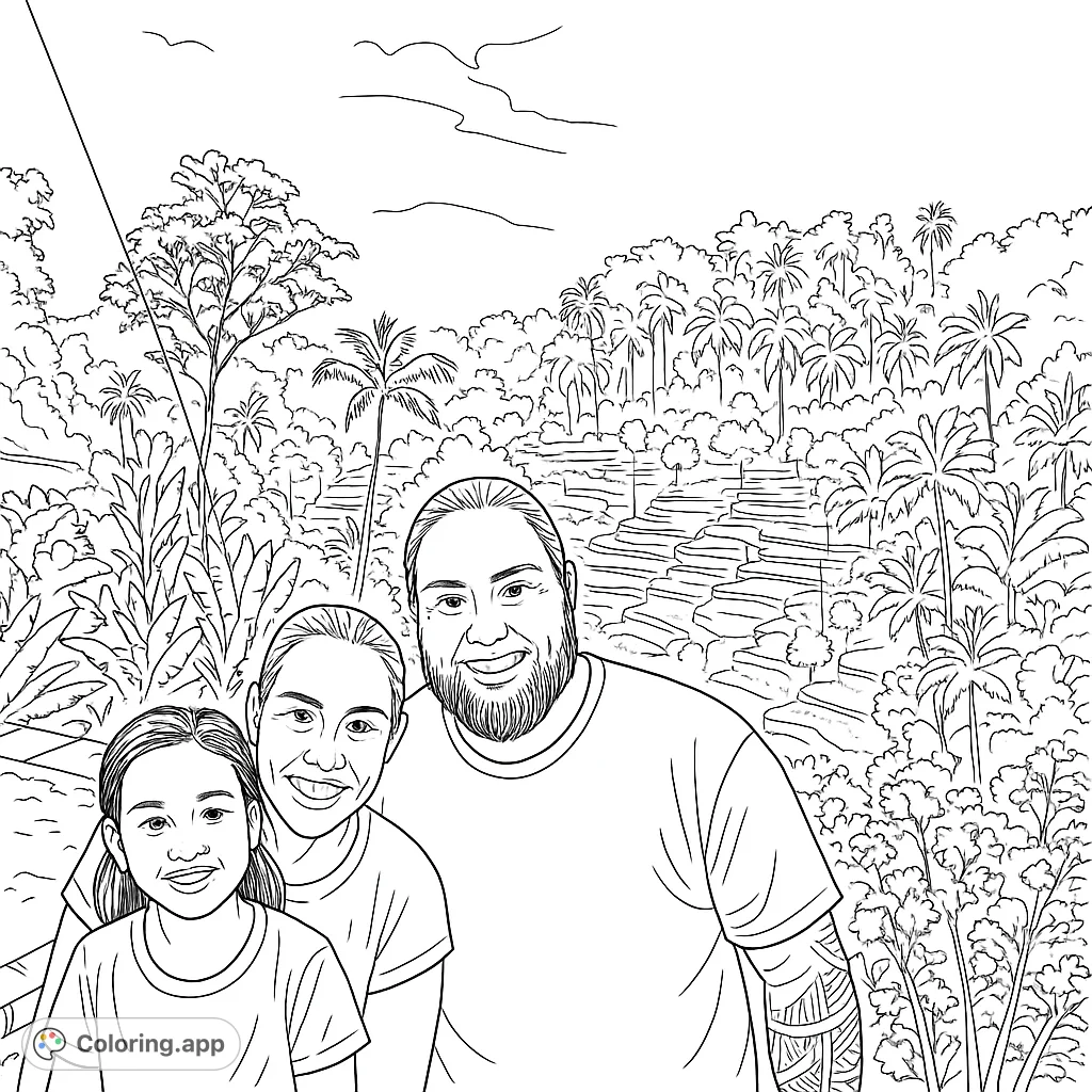 A heartwarming family portrait set against the breathtaking backdrop of intricate rice terraces and lush tropical foliage. Perfect for a mindful coloring escape.