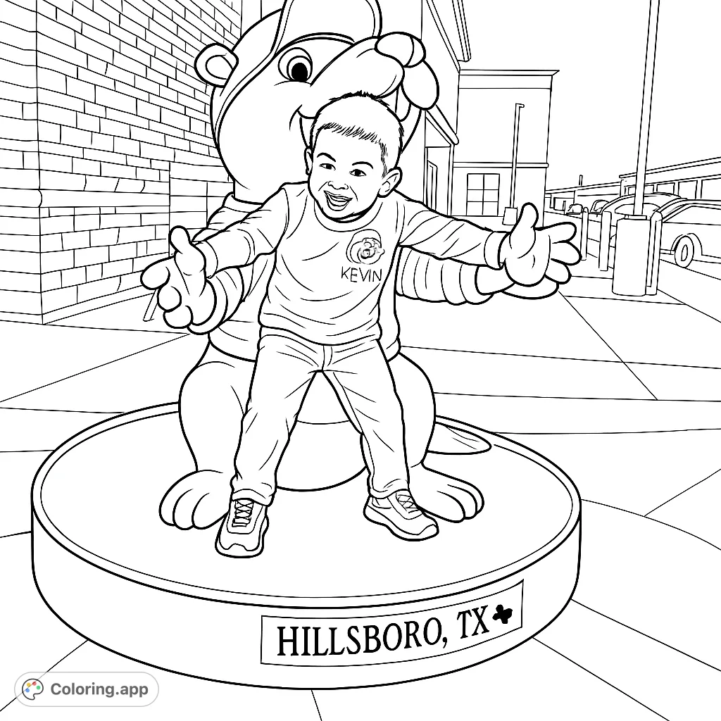 A happy child interacts with a large, friendly beaver statue, offering a charming and free printable coloring page perfect for kids, teens, and adults.