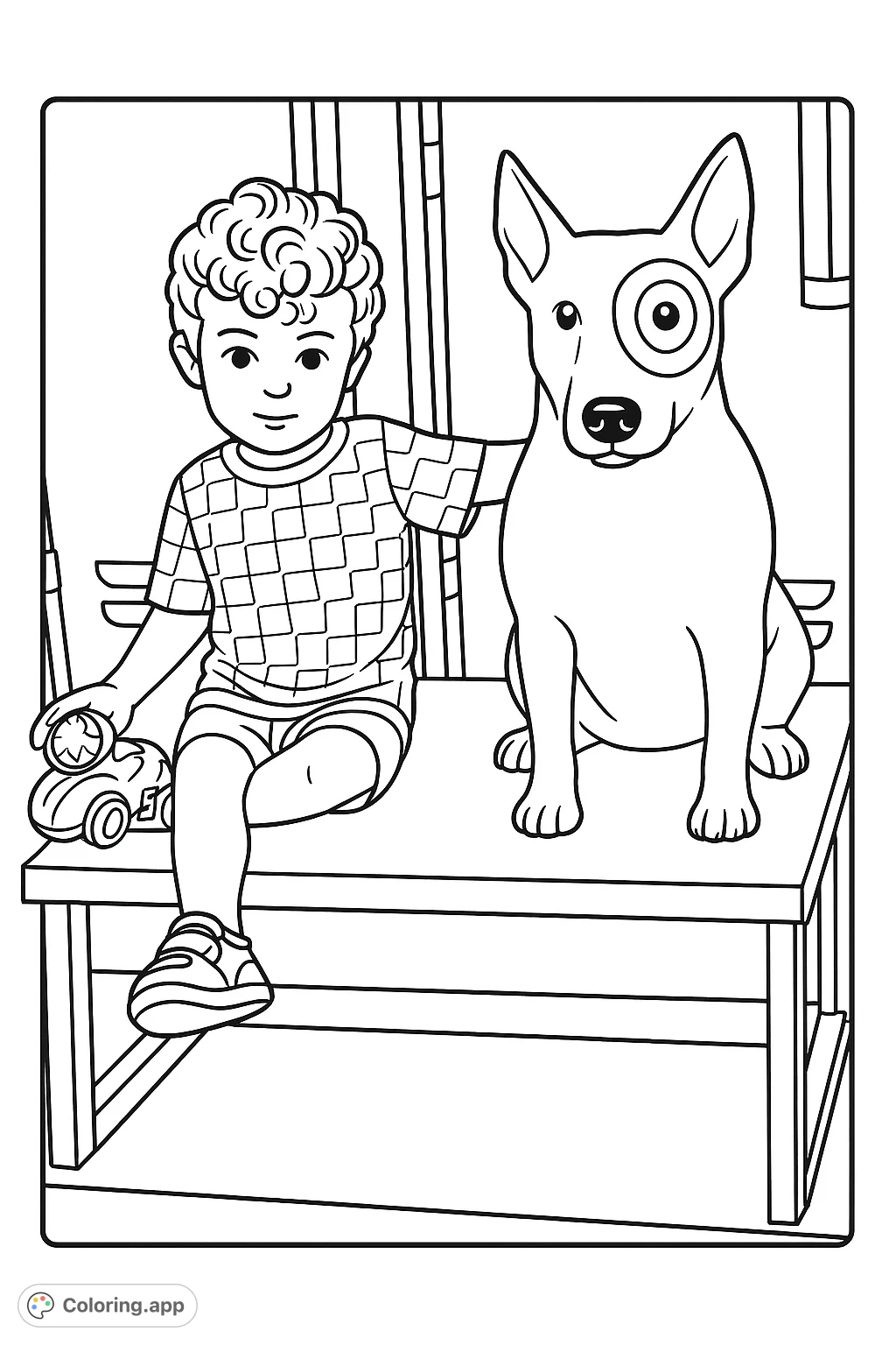 A delightful cartoony coloring page featuring a young boy sitting next to a friendly dog statue, perfect for creative young artists and animal lovers.