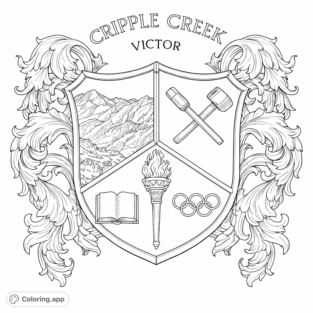 An intricate crest featuring a shield divided into four sections with symbolic elements like tools, an open book, a torch, and rings, surrounded by elaborate scrolls.