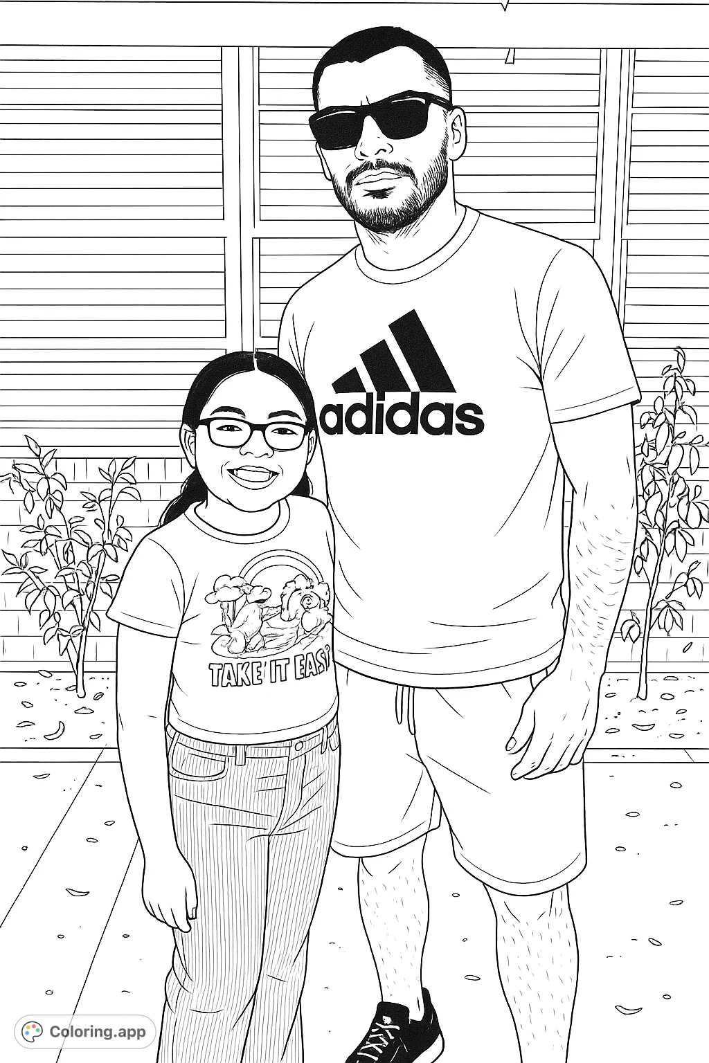 A heartwarming father and daughter portrait, perfect for coloring. Features a man and girl standing casually outdoors with a building background.
